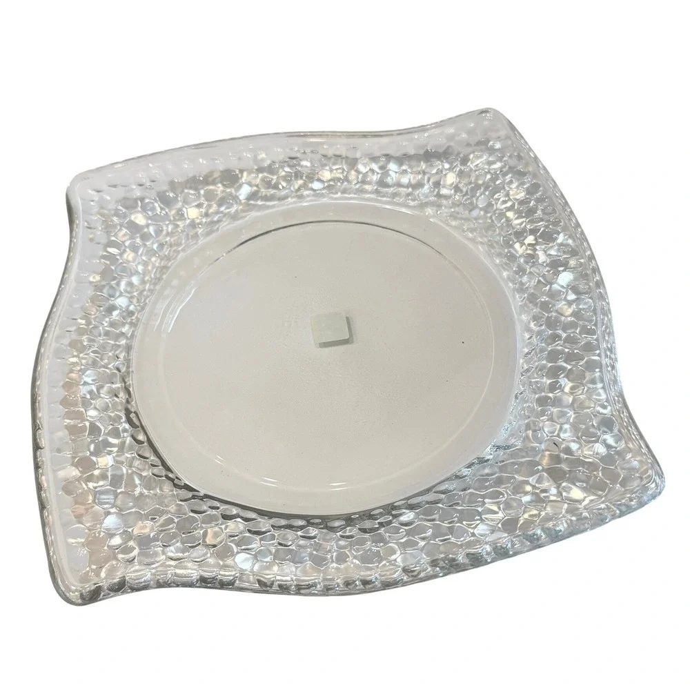 PartyLite Clear Textured Glass 3-Wick‎ Candle Holder Plate Wave Edge Table Decor